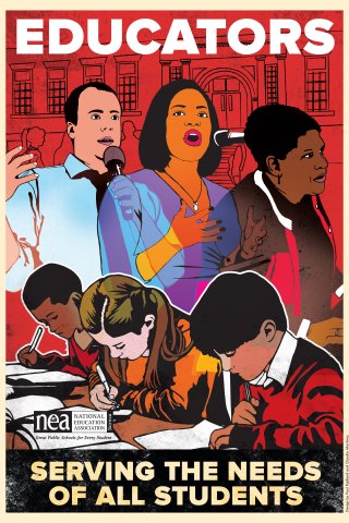 A colorful illustrated poster shows three racially diverse adults speaking at microphones and three racially diverse students studying at desks. The poster says, "Educators serving the needs of students."